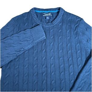 Lands End Drifter Men’s M Navy Blue Cable Knit Fisherman Pullover Cotton Sweater